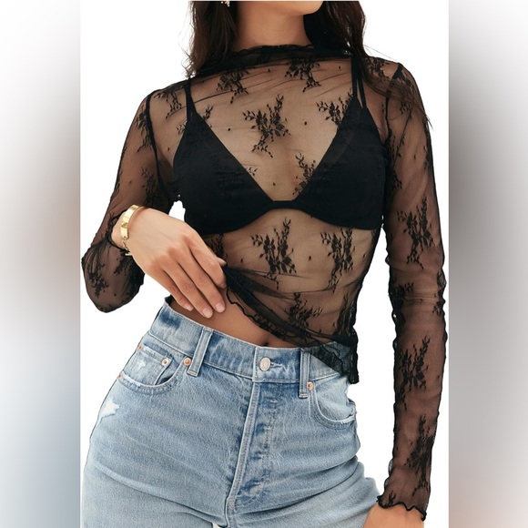 unbranded Tops - Black Sheer Lace Embroidered Mock Neck Mesh, Long Sleeve Floral Top